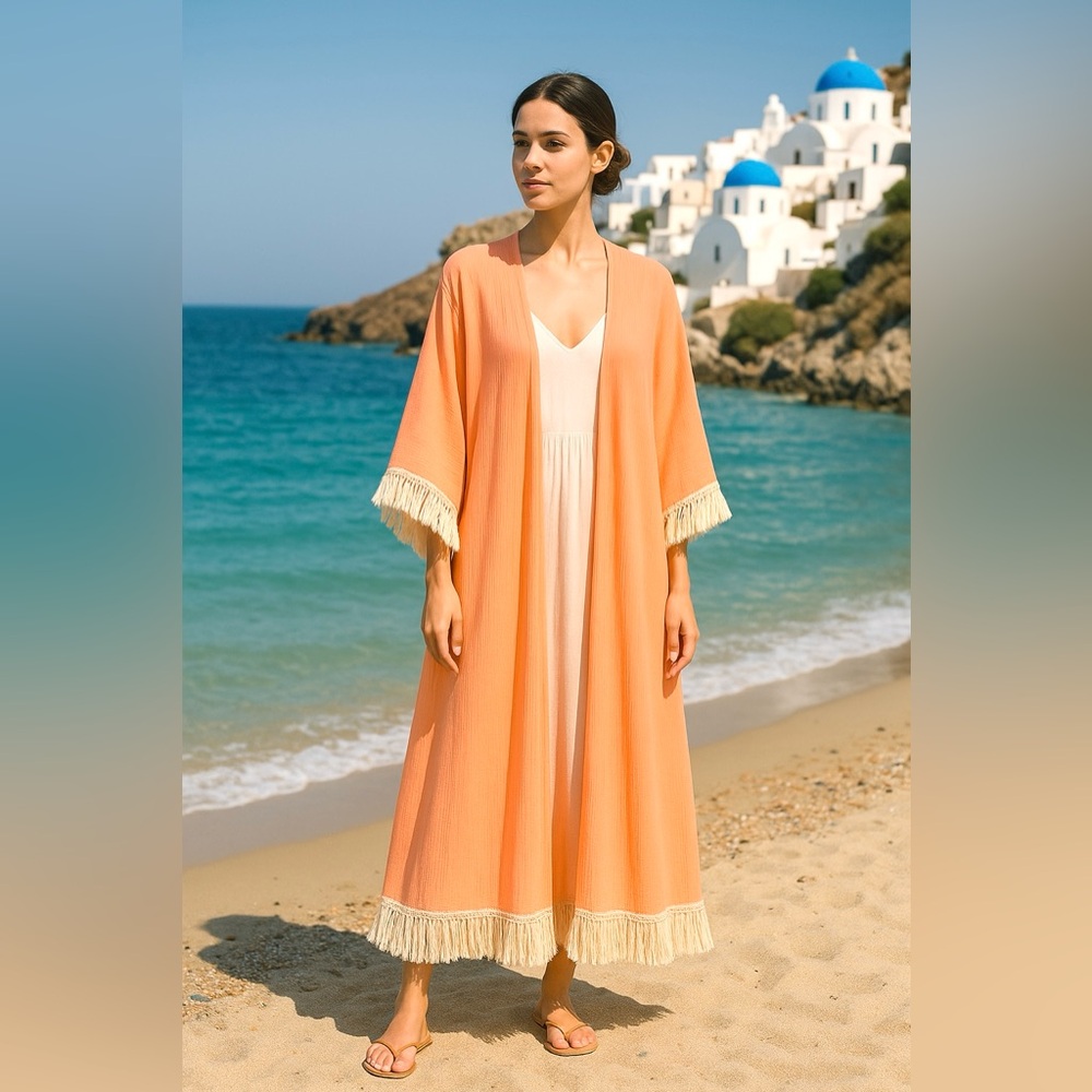 🧵 HANDMADE (by me!) Peach Kimono Duster Cover-Up with Fringe Details